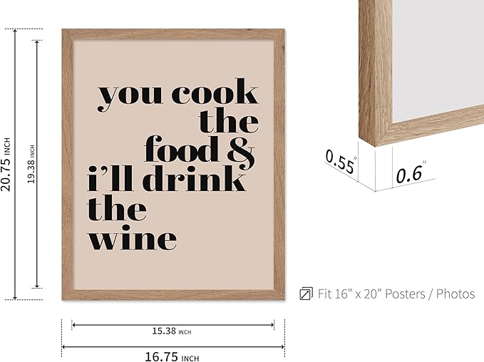 Poster Master Minimalist Poster - Funny Print - You Cook The Food, I'll Drink The Wine, Joke, Humorous, Unique - Gift for Artist, Friend - Wall Decor for Kitchen, Bar, Pub, 16x20 Beige Framed