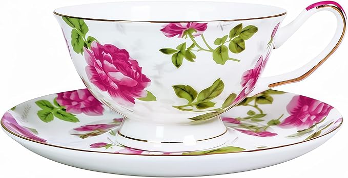 Tea cup and Saucer Set Royal Garden Style Tea Coffee Cup with Saucer 7 Ounces Bone China Teacup and saucer Set (Floral-3)