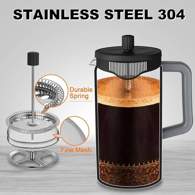 YOLIFE French Press Coffee Maker (12 oz), Camping Mini Coffee Press, Single Cup French Press, Heat-resistant Borosilicate Glass, Portable for Travel, Grey and Black