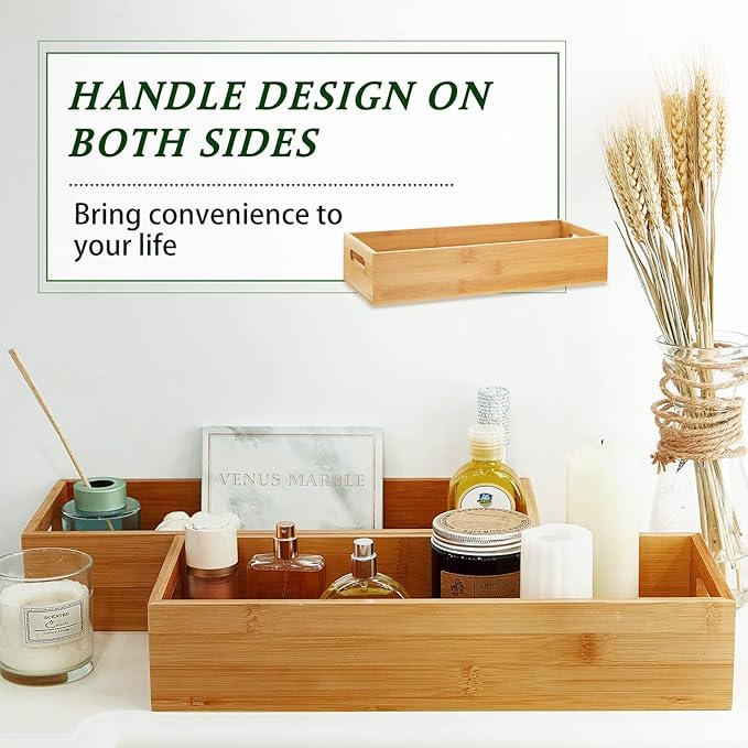2 Pcs Wood Toilet Paper Basket Bamboo Toilet Paper Tank Topper Wooden Tray for Bathroom Bamboo Organizers and Storage with Handles Kitchen Box with 10 Pcs Silicone Non Slip Pad for Pantry