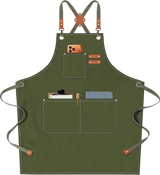AFUN Chef Aprons for Men Women with Oversized Pockets, 16-Ounce Cotton Canvas Cross Back Heavy Duty Work Apron (Army Green)