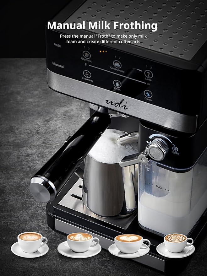UDI Espresso Machine, 20 Bar Automatic Cappuccino & Latte Coffee Maker, Auto or Manual Quick Brew Dual Boiler, Touchscreen Espresso Maker (Black+Sliver)