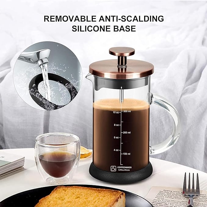 French Press Coffee Maker 12 Ounce Espresso Tea Coffee Maker with 4 Filters System, Stainless Steel Plunger and Heat Resistant Borosilicate Glass BPA-Free Brewed Tea Pot Coffee Plunger