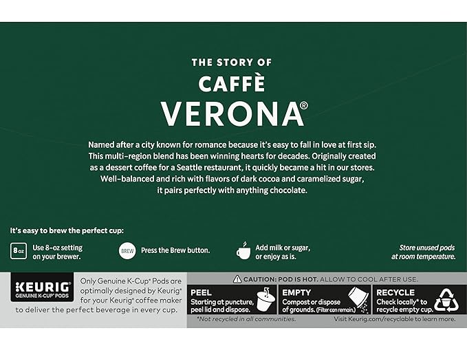 Starbucks Caffe Verona Coffee K-Cup Pods, Dark Roast Arabica Coffee, 20 Count (Pack of 2 Boxes)