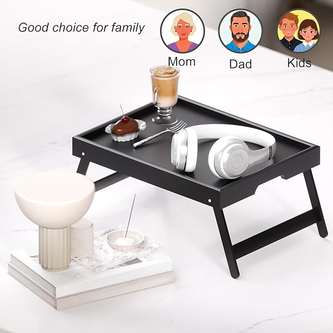 4 Pack Bamboo Bed Tray Table with Folding Legs,Breakfast Trays,Serving Tray,Laptop Trays for Working,Food Snack Tray for Bed and Sofa(Black)