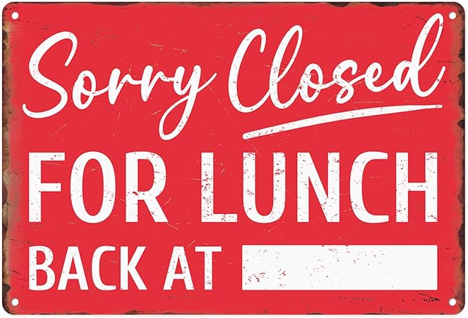 Sanwarm Metal Sign 8X12 Inch, Sorry Closed for Lunch Back At Notice Gone To Lunch Vintage Tin Sign Wall Art Decor for Store, Office, Hotel, Cafe and Pub Decoration by SanwarmHomeDecor