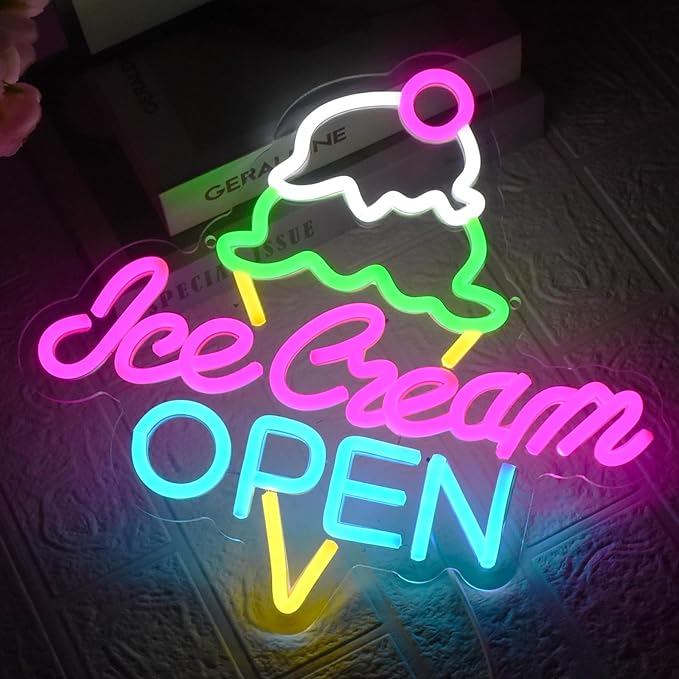 Ice Cream Open Neon Sign Led Neon Light for Wall Decor, USB Dimmable Ice Cream Open Wall Decor Sign for Business Store Dessert Shop Bar Party Cafe