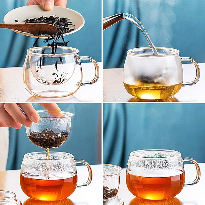 Lezero 13oz Tea Infuser Cups Kits, Glass Mugs with Filter Basket and Lid for Loose leaf-Tea Brewing, Heat Resistant, Lead-free, Microwave & Dishwasher Safe