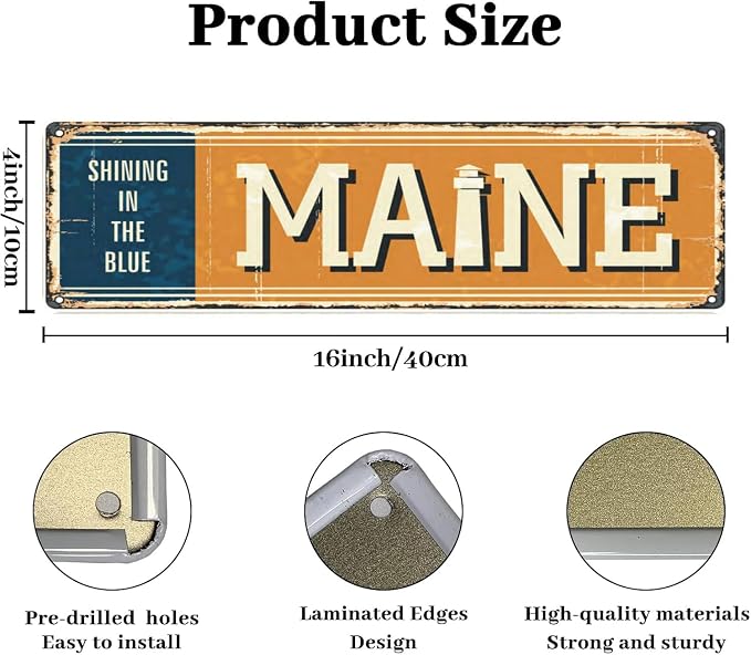 Welcome to US City Metal Wall Decor Maine Metal Tin Sign Decorative Plaque Farmhouse Country Home Decor 4" X 16" - Image 3