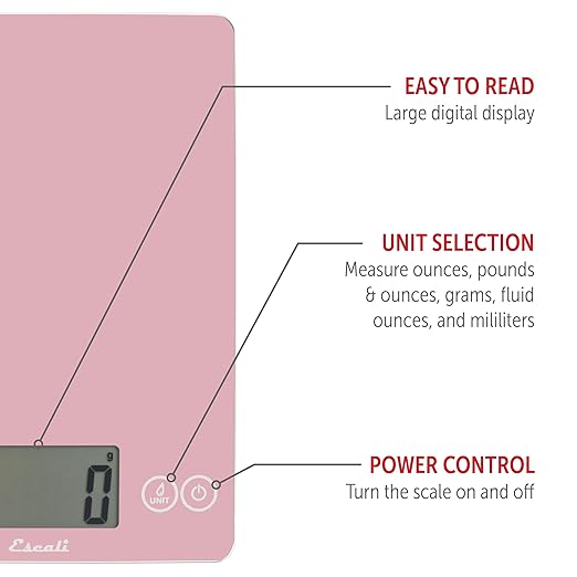 Escali Arti Glass Food Scale Digital Countertop Kitchen, Baking and Cooking Scale with Large Display, 15-Pound Capacity, 9" x 6.5" x .75", Classic Pink