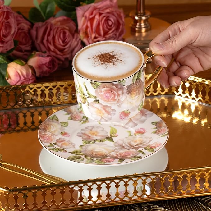 KAMMAK Tea Cups and Saucers Set of 2, Fine Bone China Coffee Cups, Stackable Espresso Mugs, Ceramic Demitasse for Coffee, Cappuccino, Latte, Americano, Tea, White Rose