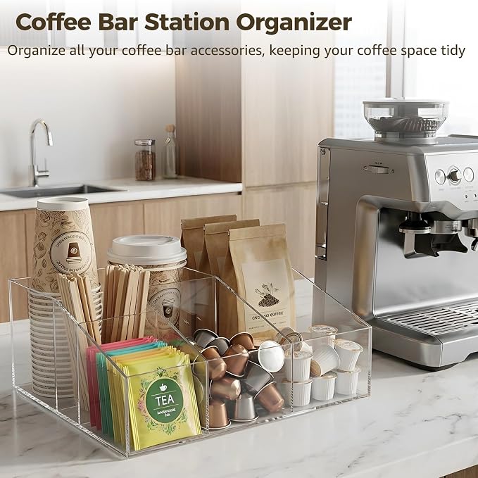 ZALIR Acrylic Coffee Bar Organizer, Coffee Bar Station Organizer for Countertop, Transparent Coffee Station Organizer, Countertop Bar Accessories for Pods, Sugar, Creamer Syrup, Tea Bags Storage - Image 2