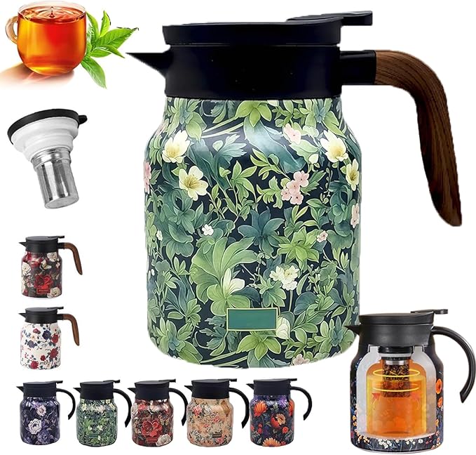 Insulated Tea Pots,Vintage Floral Pattern Tea Pot-Built-in Infuser,Colorful Vintage Floral Pattern Teas,Stainless Steel Teapot 1000mL with Lid for Hot Drinks,Green(Wooden Handle,35OZ)