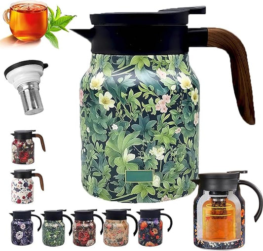 Insulated Tea Pots,Vintage Floral Pattern Tea Pot-Built-in Infuser,Colorful Vintage Floral Pattern Teas,Stainless Steel Teapot 1000mL with Lid for Hot Drinks,Green(Wooden Handle,35OZ)