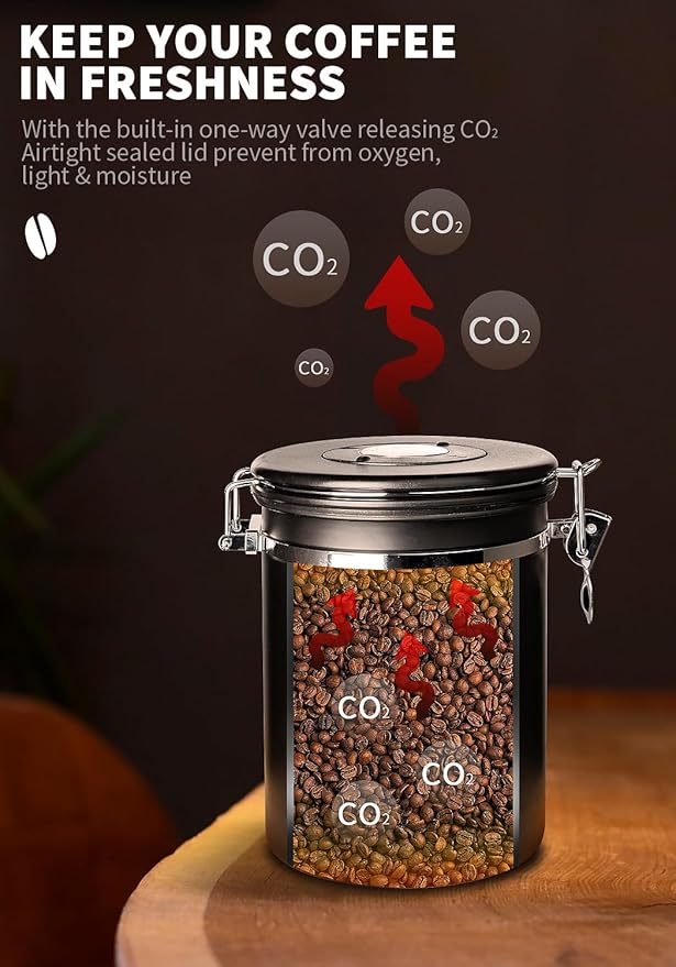 INFTYLE Coffee Canister with Airtight Lid, 22oz, 60 fl oz White, Stainless Steel Air Tight Lid Container with Date Tracker and Scoop Food Storage Jar for Grounds Coffee, Beans, Flour, Cereal (Black)