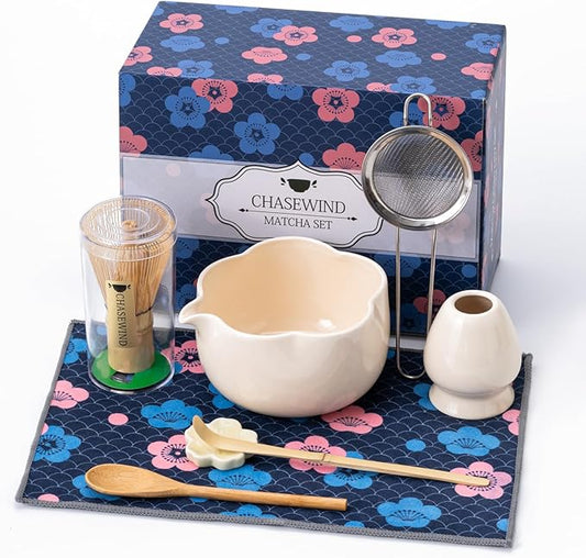 Matcha Set, 8Pcs Floral Ceramic Matcha Kit with Matcha Whisk, Holder, Scoop, Scoop Rest, Sifter, Spoon and Tea Towel - Thoughtful Matcha Whisk Set Gift for Matcha Lovers (Beige)