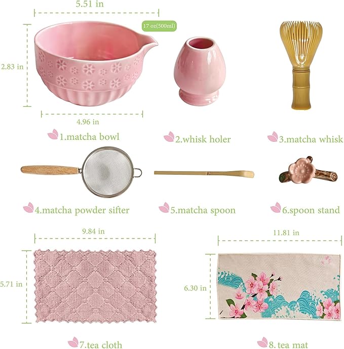 HAVIREST 8 pcs Matcha Whisk Set, Ceramic Bowl and Whisk Stand Spoon Holder Sifter Mat Towel, Japanese Ceremonial Grade Macha Tea Tools Kit, Gift for Women Match Starter Lover (Pink)