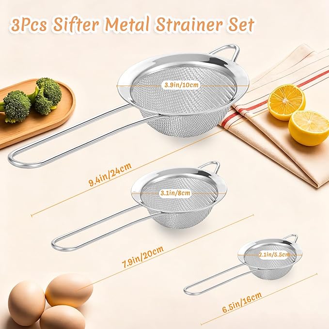 3Pcs Fine Mesh Strainer with Handle, Small Medium Large Size Sieve Strainers Set, Stainless Steel Sifter Colander for Kitchen Baking Juice Quinoa Food Flour