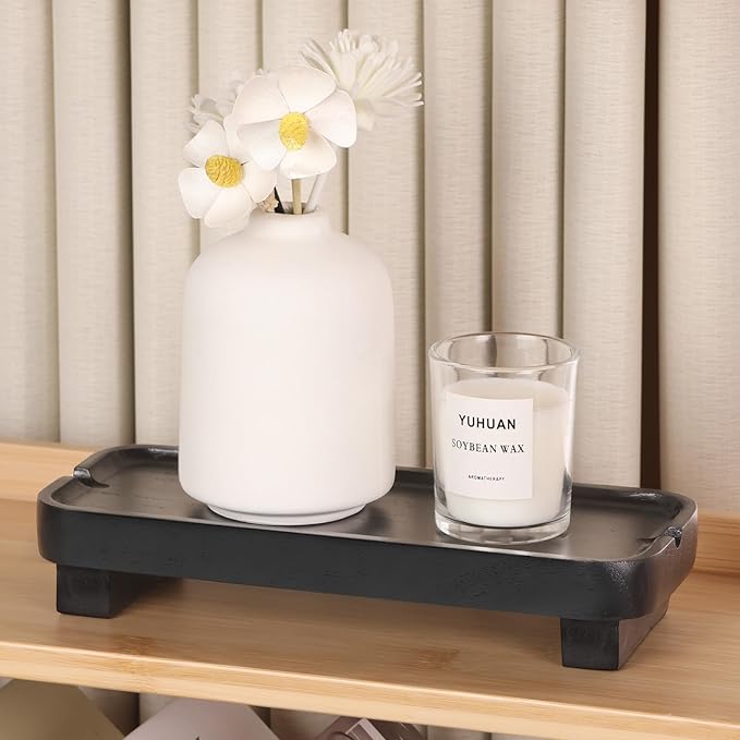 Wood Riser Small Decorative Tray Sink Soap Dish, Vanity Tray Pedestal Stand 8.7 x 3.6 inches (Black)