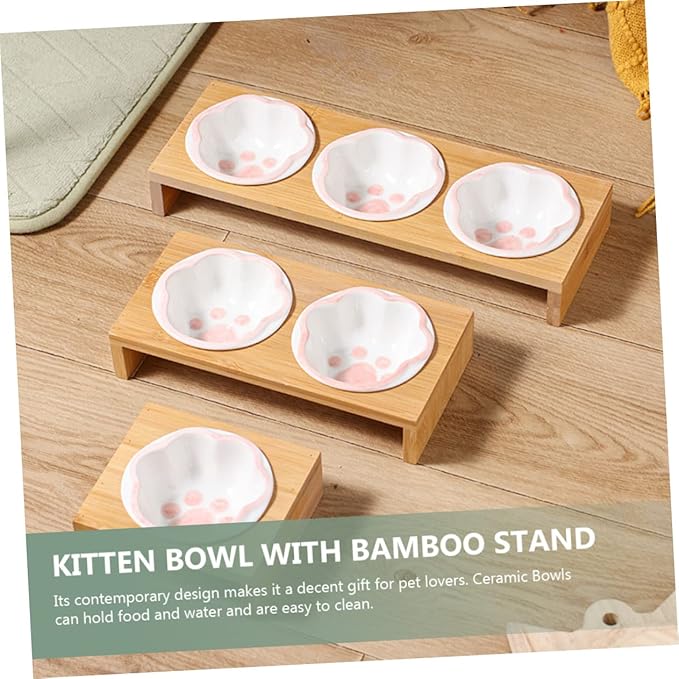 Milisten Elevated Cat Bowl Whisker-Friendly Bamboo Stand Ceramic Pet Feeding Bowl for Kitten Vomiting Relief