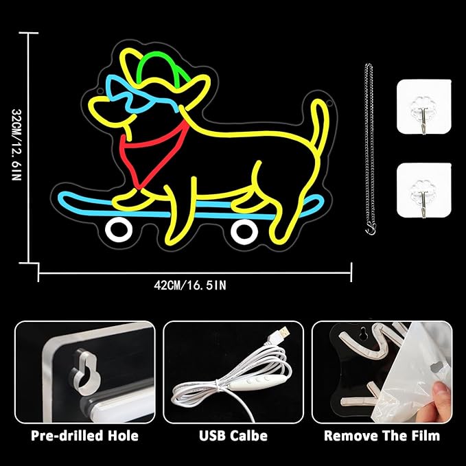 Dachshund Neon Sign Skateboard Dog Neon Sign with Cowboy Hat Animal Light Up Sign Dimmable Glasses Dog LED Neon Light for Pet Shop Bedroom Wall Home Party Decor, Dog Lover