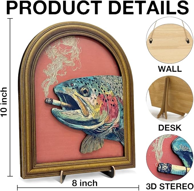 3D Funny Vintage Trout Wall Art Sign, Retro Whimsical Trout Fish Animal Decor Sign for Home Bar Man Cave Desk Wall Shelf Decor 8x10 Inch