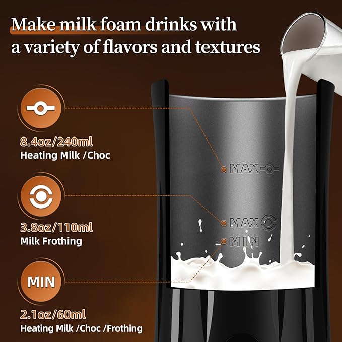 Milk Frother, Liksiy 4-in-1 Coffee Frother, Auto Shut-Off Milk Frother and Steamer with Hot & Cold Foam, Quiet Design Frother Machine for Latte, Cappuccino, Macchiato(Black)