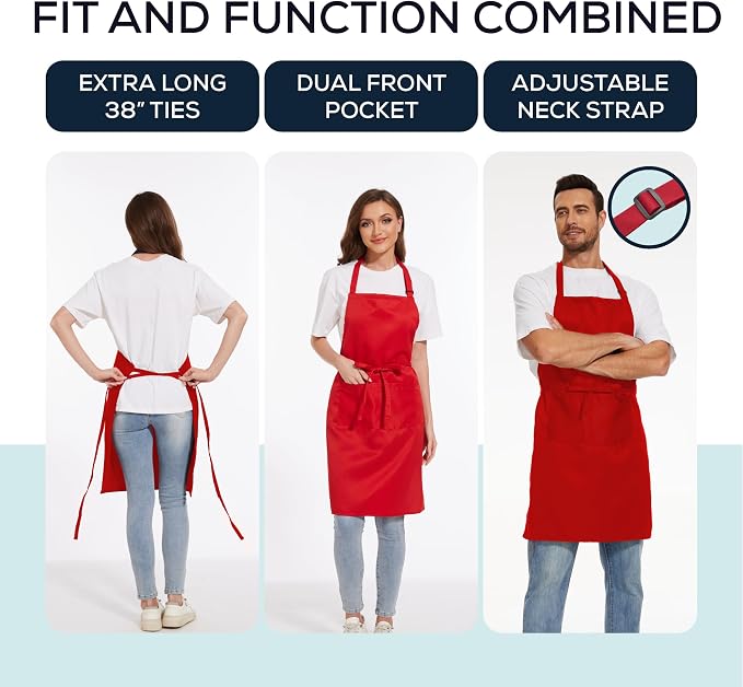 Will Well Kitchen 2 Pack Bib Apron For Men & Women with 2 Pockets - Red | Unisex 33'' x 27'' Oil & Water Resistant Soft Kitchen Chef Apron with Adjustable Neck Strap & 38'' Waist Ties for Snug Fit - Image 6