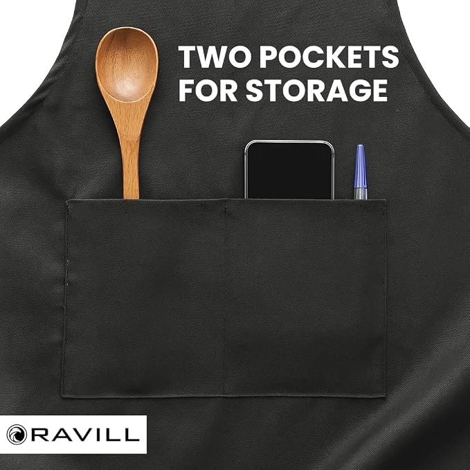 Ravill Black Apron with Pockets for Men and Women - 35" Long Multi Purpose Polyester Work Aprons for Cooking, Cleaning, Baking, Art - Water Resistant Kitchen Apron - Image 6
