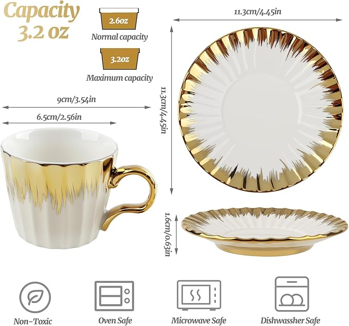 Coffee Cup Set of 6 with Saucers, 3.5 OZ Ceramic Espresso Cups, Deco Golden Turkish Coffee Cup Gift for Cappuccino, Latte, Cafe Mocha and Tea, Dishwasher & Microwave Safe (Gold Trim)
