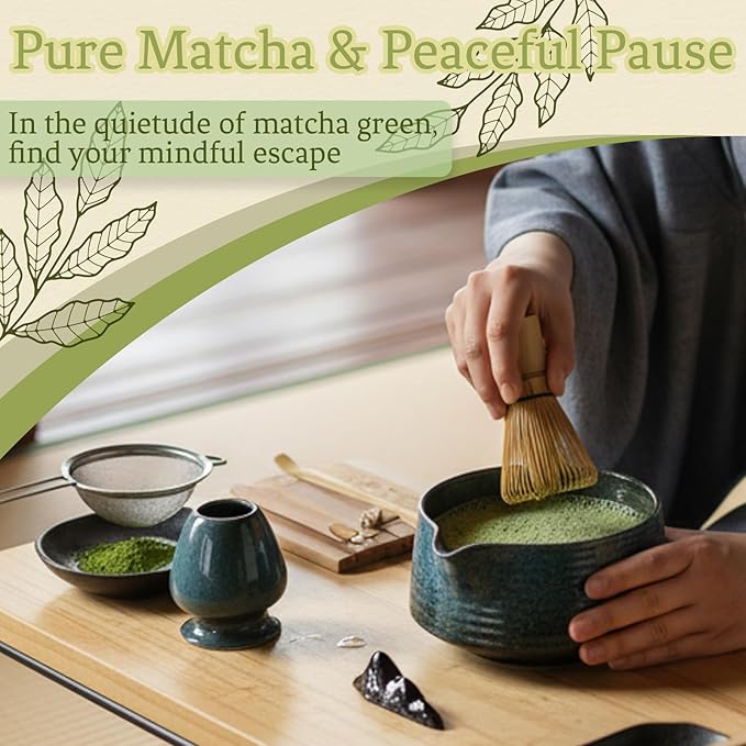 8 Pcs Matcha Whisk Set Chasen Matcha Whisk Bamboo Bowl with Spout Sifter Spoon Scoop Whisk Holder Bamboo Mat Complete Matcha Making Kit (Blue)