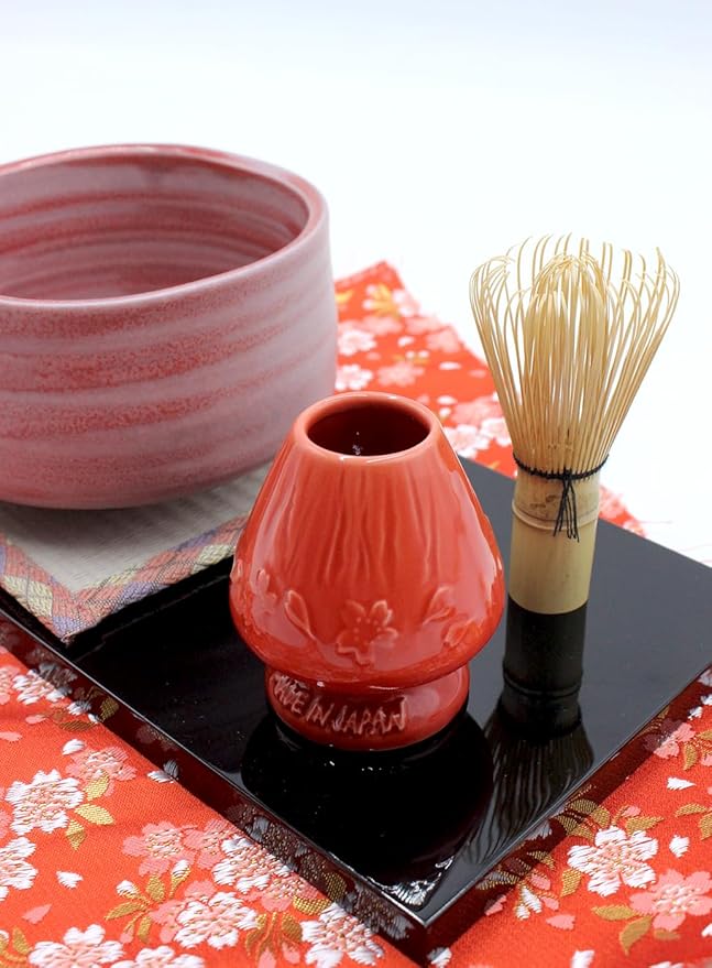 Japanese Tea Matcha Bamboo Whisk Holder Stand Chasen Naoshi Tea Accessory Porcelain Fuji Design (Red)