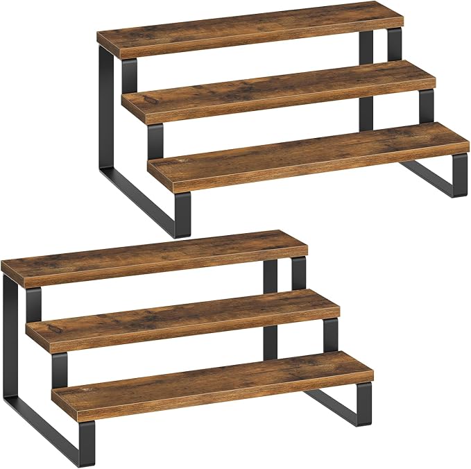 YATINEY Spice Rack, 3 Tier Wooden Display Riser Stand, Kitchen Storage Organizer for Spices, Versatile Display Shelf, Space Saving, for Kitchen Countertop and Cabinet, Rustic Brown SR03L2BR by Yatiney