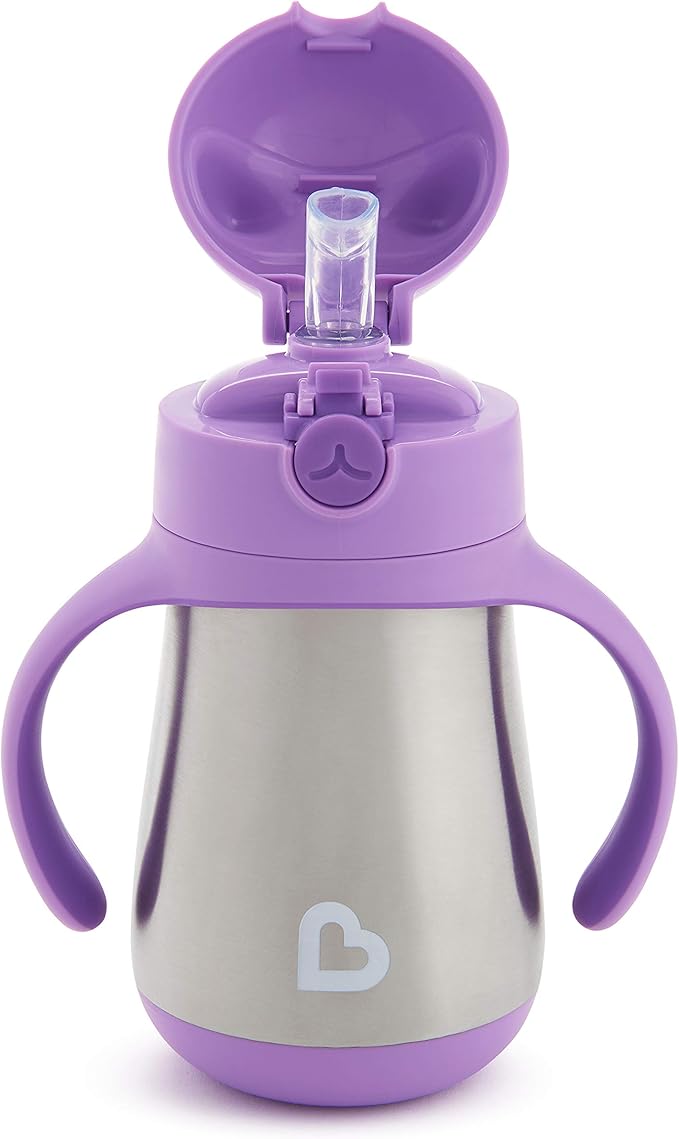 Munchkin Cool Cat Sippy Cup with Straw for Toddlers, Stainless Steel Straw Cup, 8 Ounce, Purple