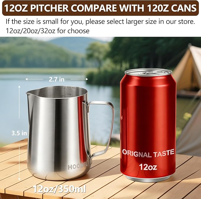 HOOMIL Milk Frothing Pitcher, 12oz/20oz/32oz Stainless Steel Steaming Pitcher Barista Milk Frother Cup Jug for Espresso Machine Coffee Cappuccino Latte Art - 12oz