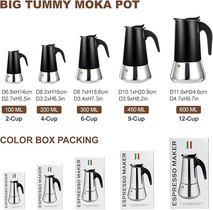 4 Cup Stovetop Espresso Maker Stainless Steel Moka Pot Stove Top Percolator Italian Coffee Makers Capable Mocha Greca Machine Cafe Classic Induction Cookers for Home and Camping 200ml 6.6oz
