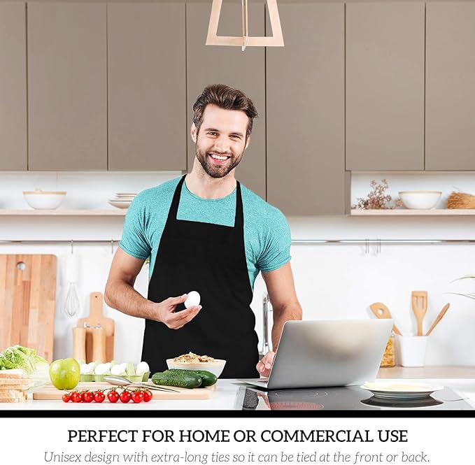 GREEN LIFESTYLE 12 Pack Professional Chef Apron – Grilling Aprons for Men, Waterproof Cooking Aprons for BBQ, Work or Restaurant Use, Kitchen Aprons for Women – Black, No Pockets