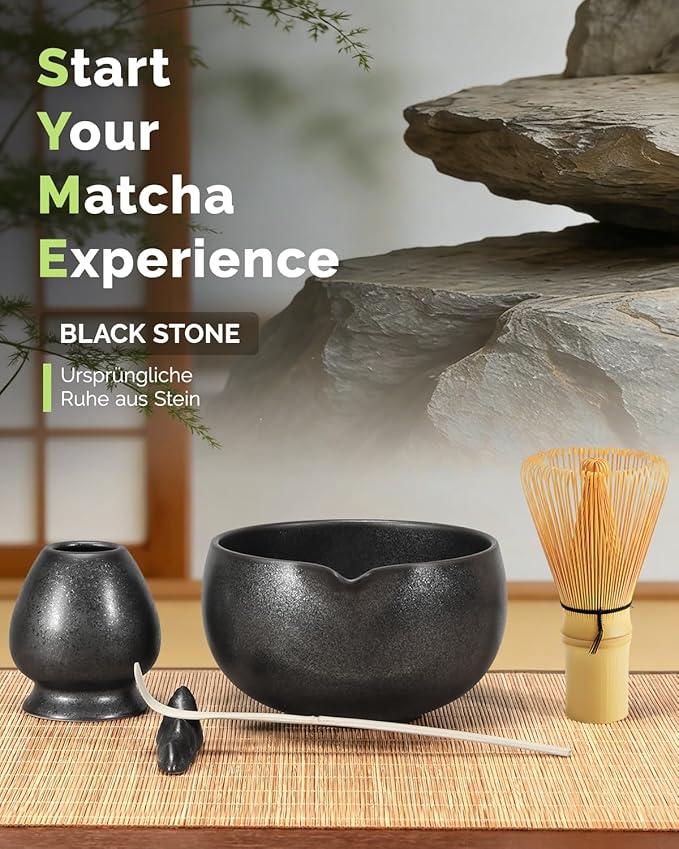 Maestri House Matcha Whisk Set, 7-Pc Complete Matcha Kit with Spouted Ceramic Bowl, Bamboo Whisk and Holder, Scoop, Spoon Rest & Sifter, Tea Cloth – Ideal Gift for Matcha Lovers (Black Stone)
