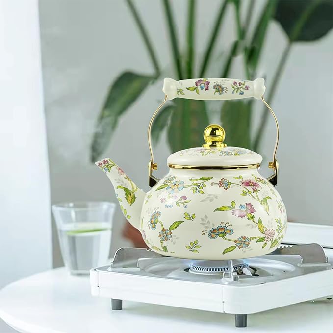 Floral Enamel Tea Kettle Bohemian Gold Beige Teapot Vintage Boho Hot Water Coffee Kettle Pot 2.5L Porcelain Tea Pot Retro Pot Stovetop Kitchen Home Decor