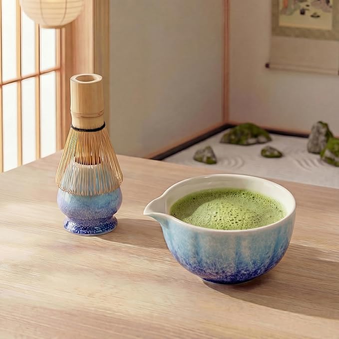 Matcha Whisk Set, Complete Matcha Kit for Authentic Matcha Making, includs Matcha Bowl Chawan Bamboo Whisk (Chasen), Tea Scoop, Whisk Holder 8pcs, Gift for Health-Conscious, Matcha Lovers, Blue