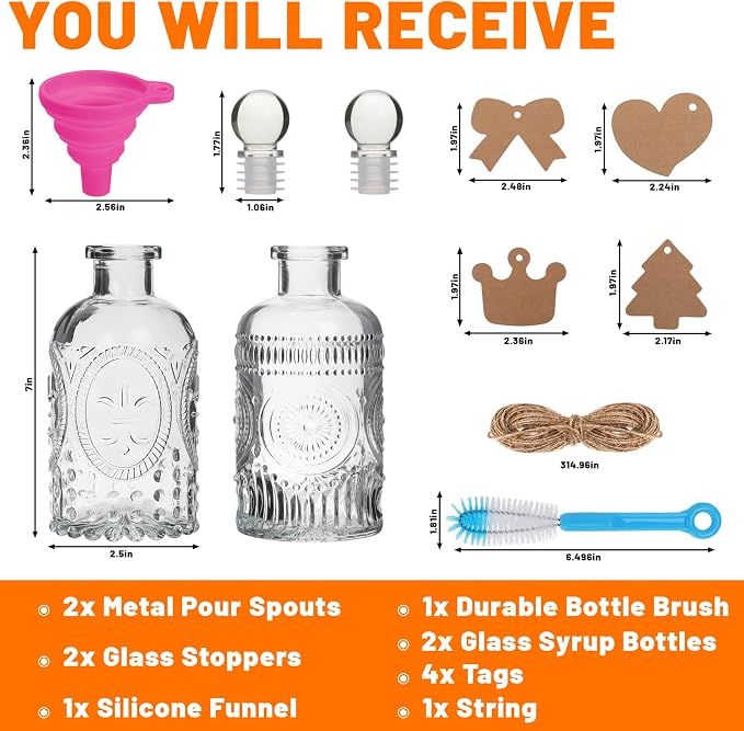 7oz Glass Coffee Syrup Dispenser, 2-Pack Complete Set with Funnel, Brush, Stoppers & Accessories - Syrup Bottles for Coffee Bar with Metal Pour Spout, Ideal for Maple,Oil, Vinegar,Cooking wine - Image 5