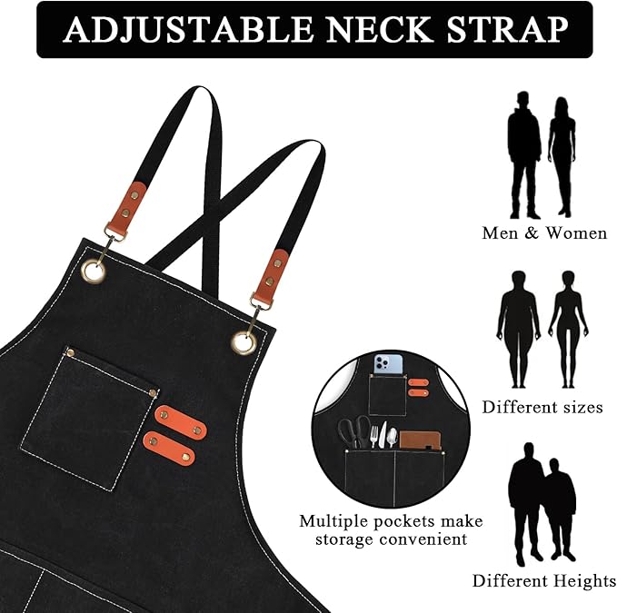 100% Cotton Canvas Apron | Unisex Cooking Apron for Men & Women with 3 Pockets & Adjustable Crossback Straps