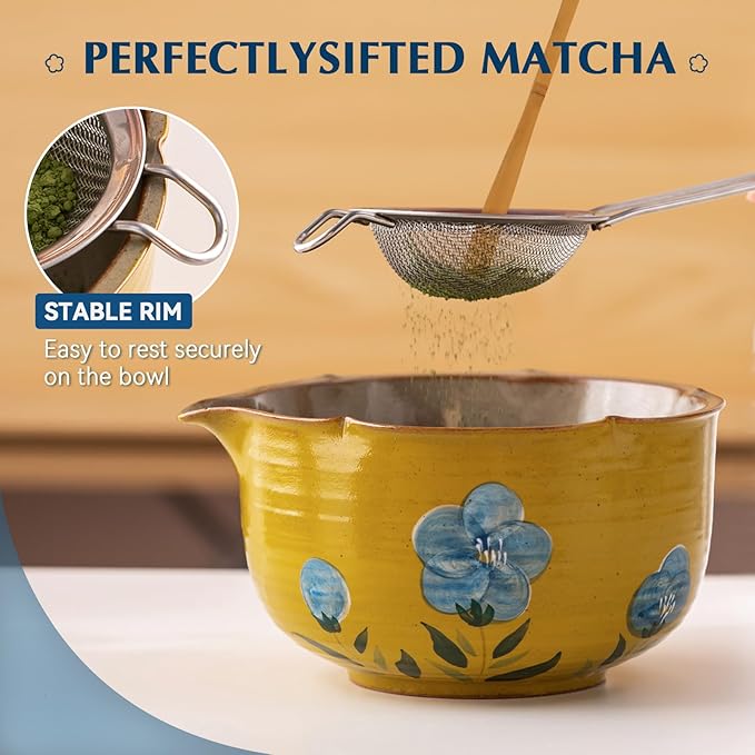 Matcha Whisk Set, 7Pcs Matcha Set with Hand-Painted Ceramic Matcha Bowl, Matcha Whisk and Holder, Scoop and Rest, Sifter, Tea Towel, Artisan Matcha Kit for Ceremony & Gifting (Yellow)