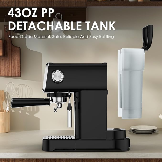 PLJY0110 20BAR Slim Vertical Espresso Machine with Milk Frother, Built-in Cup Warmer,Compact Space-Saving Design 43 OZ Detachable Tank, for Rich Espresso, Americano, Latte, Black