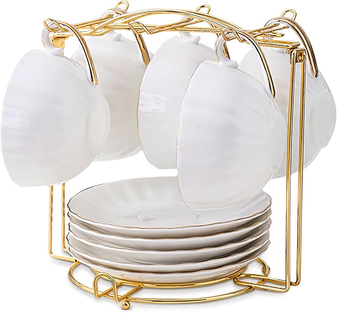 Tea Cups and Saucers Holder,Metal Tea Cups Coffee Cups Rack,Organizer for Coffee Cup Spoon and Saucers (Gold)