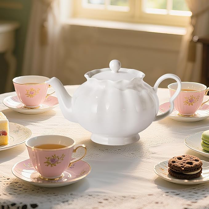Tea Pot with Infuser for Loose Leaf Tea, 33oz, Ceramic Teapot with Tea Strainer, Large Teapots for Tea Party, New Bone Porcelain Teapot