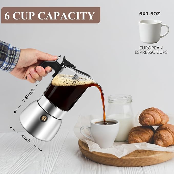 Stovetop Espresso Moka Pot, Crystal Glass-Top & Stainless Steel Italian Coffee maker, 300ml(6cup) (silver)