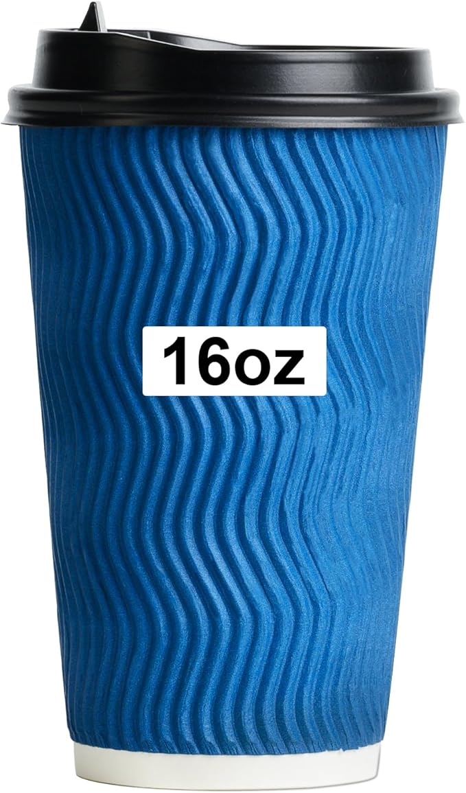 PARACITY Insulated Paper Disposable Coffee Cups, 16oz, 50 Pack with Lids, Ripple Double-Walled, for Beverages, Travel