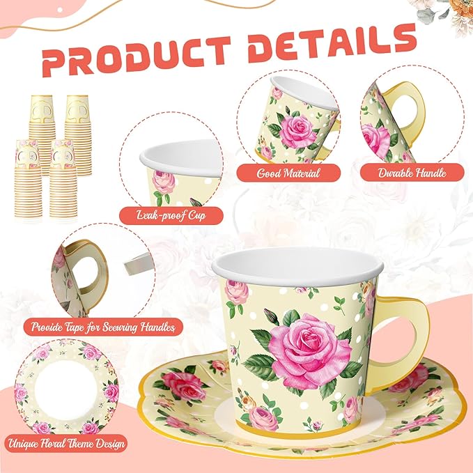Umigy 36 Sets Tea Party Decorations 6.5 oz Floral Paper Tea Cups with Plates Paper Napkins Disposable Blossom Teacups and Saucers Sets for Girls Birthday Party Supplies(Yellow)