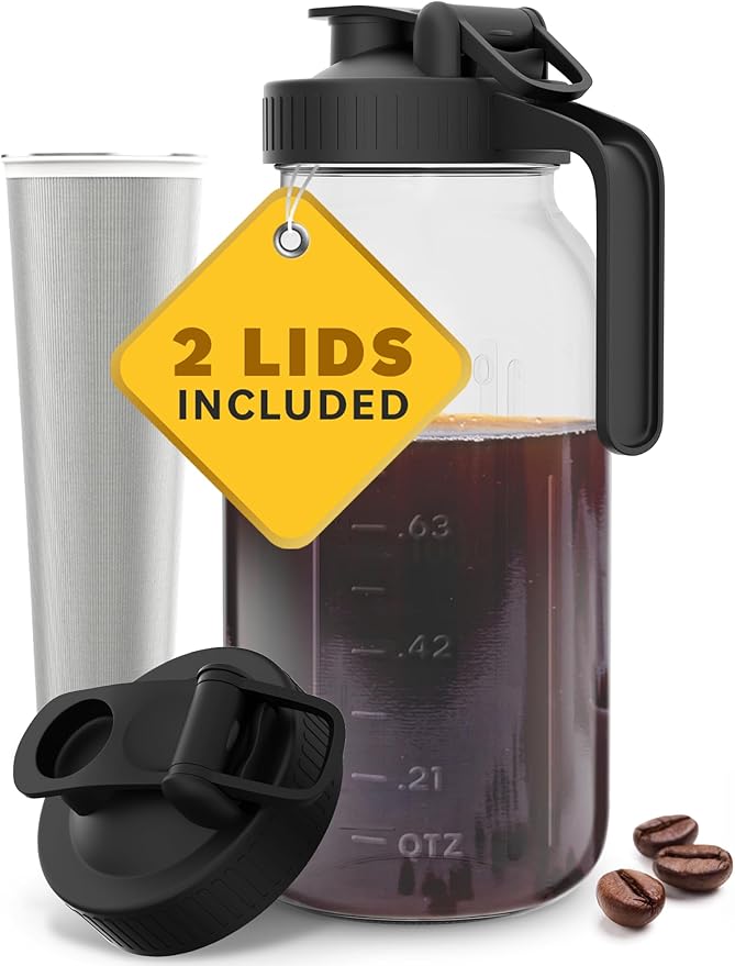 Home Hero Cold Brew Coffee Maker Glass Pitcher - Easy Mason-Style Cold Brew Jar - Smooth Iced Coffee Maker Experience - Leakproof Flip Cap & On-the-Go Lid for Iced Tea Pitcher - 64 Oz, Black